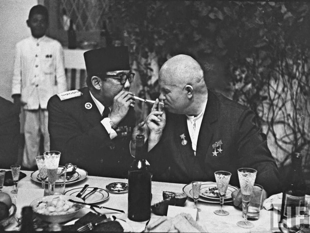 Nikita Khrushchev and Indonesian President Sukarno Share a Cigarette (1960)